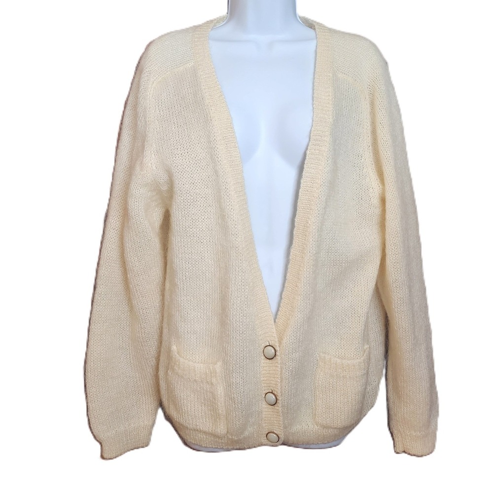 Vtg Mohair Cardigan Size Large Ivory Button Sweater Fuzzy Bramble Lane